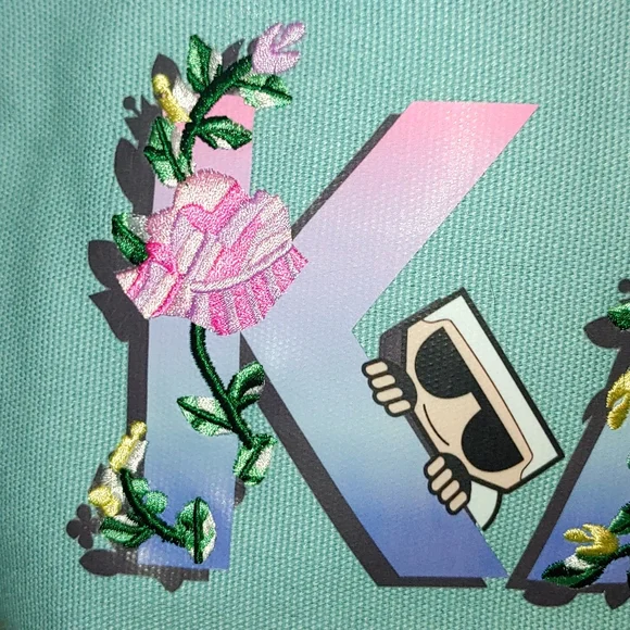 Karl Lagerfeld Paris Aqua / Pink / Blue Canvass Tote with Karl & Cat & F… - Picture 7 of 8